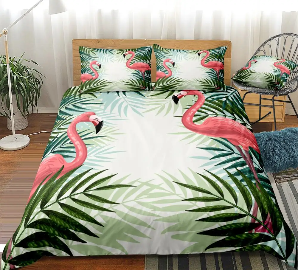 

Flamingo Bedding Set Birds Duvet Cover Set Palm Leaf Bed Linen Pink Green Bed Set Kids Home Textile Tropical Plant Bedclothes