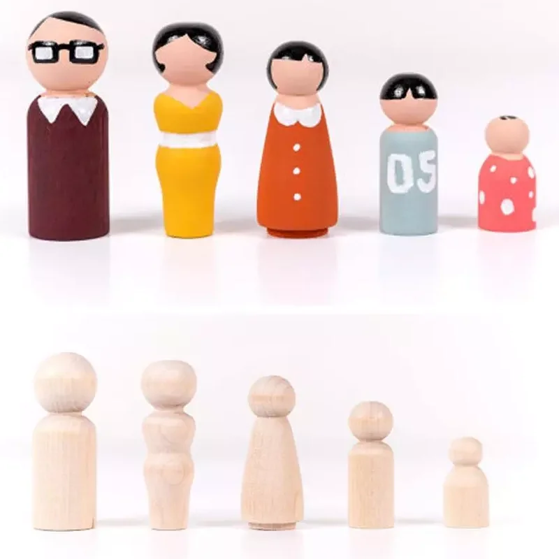 10 Pcs Wooden Peg Doll  Family Human Shape  Kids Painted Toy Unfinished  Solid Wood Craft