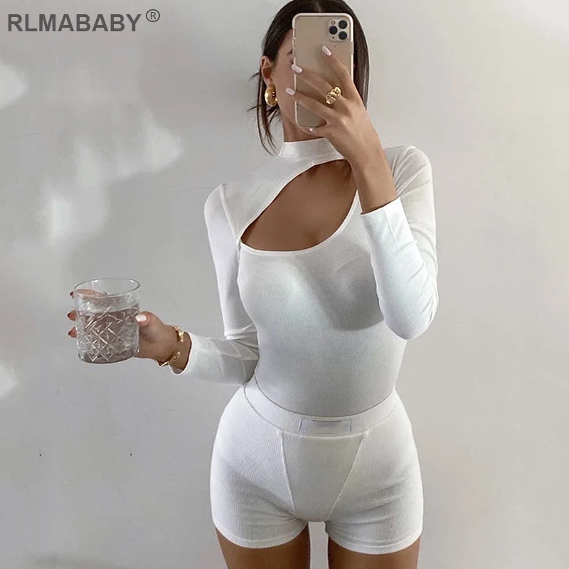 RLMABABY ฤดูใบไม้ร่วงฤดูหนาวถัก Ribbed ลำลองบอดี้สูทแขนยาว Rompers Playsuit Jumpsuit ด้านหน้า Hollow เซ็กซี่ Bodysuit