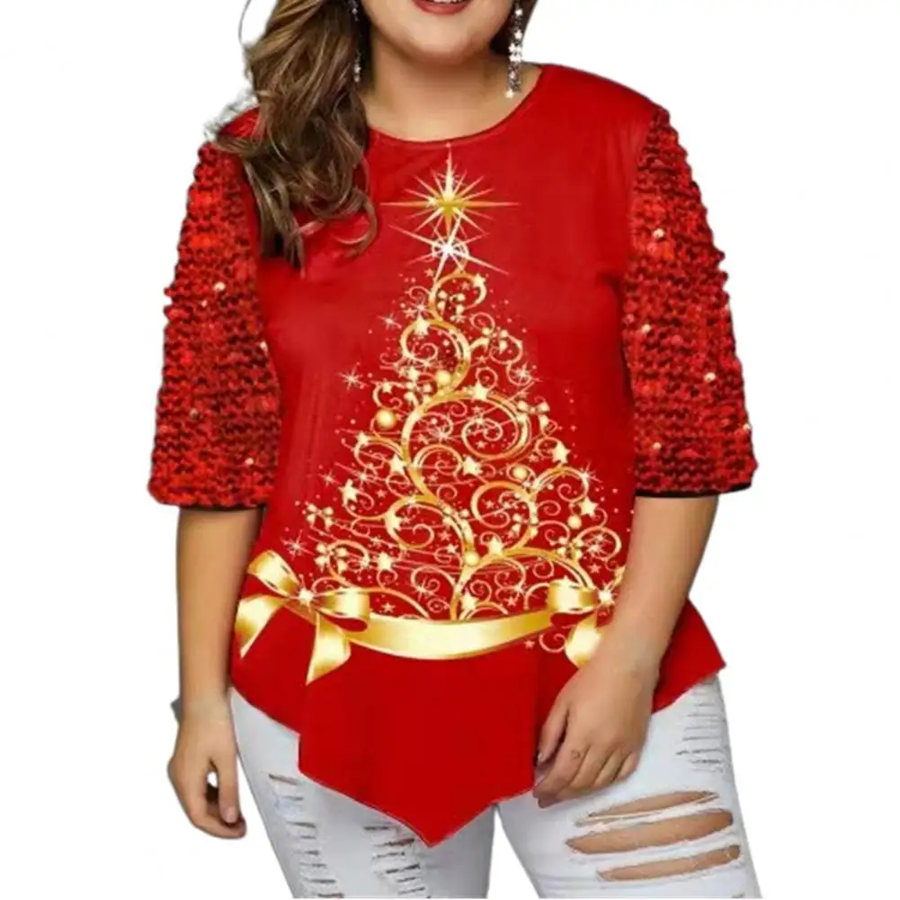 

2021 Autumn Blouse Women Plus Size Round Neck Christmas Tree Printed Sequin Decor Flowy Tunic Women Shirt Top Blouses Party