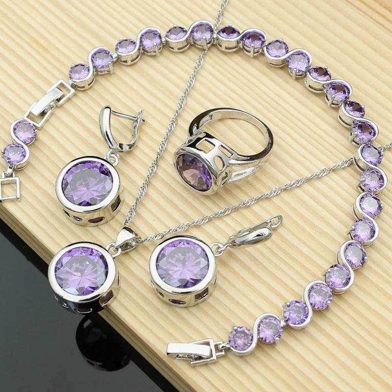 925 Silver Jewelry Sets Big Purple Amethyst Birthstone Earrings Rings Fashion Accessories Necklace Set Wiomen Gift Dropshipping