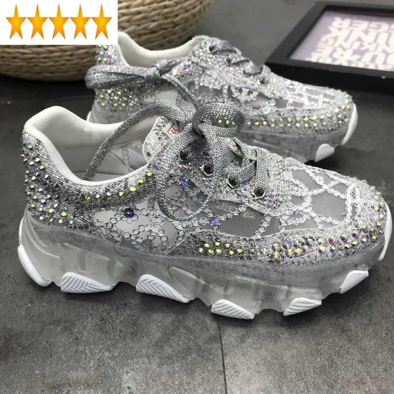 Up Women Casual Sneakers Lace Thick Bottom Wedge Female Mesh Crystal Luxury Tennis Fashion Breathable Active Shoes