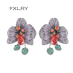FXLRY Fashion AAA Cubic Zirconia Yellow/ Purple Flower Stud Earring for Women Wedding Jewelry