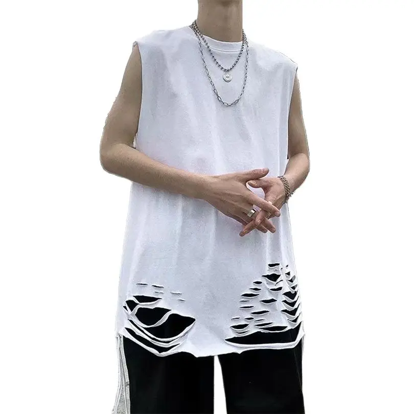 Summer Ripped Men's Tank Top Hole Sleeveless Shirt Men Braces T-Shirt Singlet Cotton Boys Tshirt 2023 Vintage Streetwear