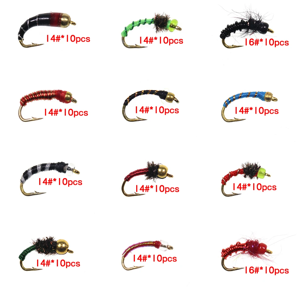 Bimoo 64/120pcs Combination Beadhead Nymph Fly Trout Fishing Flies John Wood Two Cent Caddis Bluegill Crappie Makerel Fish Bait