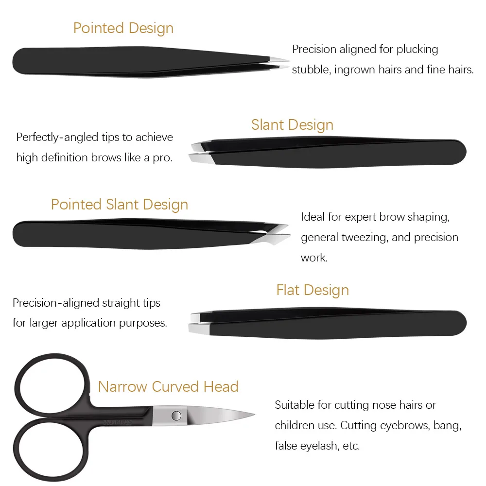 Pinzas para cejas de acero inoxidable, punta plana inclinada, con bolsa, herramientas cosméticas, 4/5 Uds.