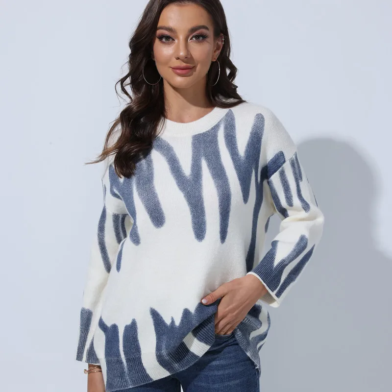 

Women Autumn Winter Print Knitted Sweater Striped Oversize Pullover Loose Long Sleeve Sweaters Streetwear