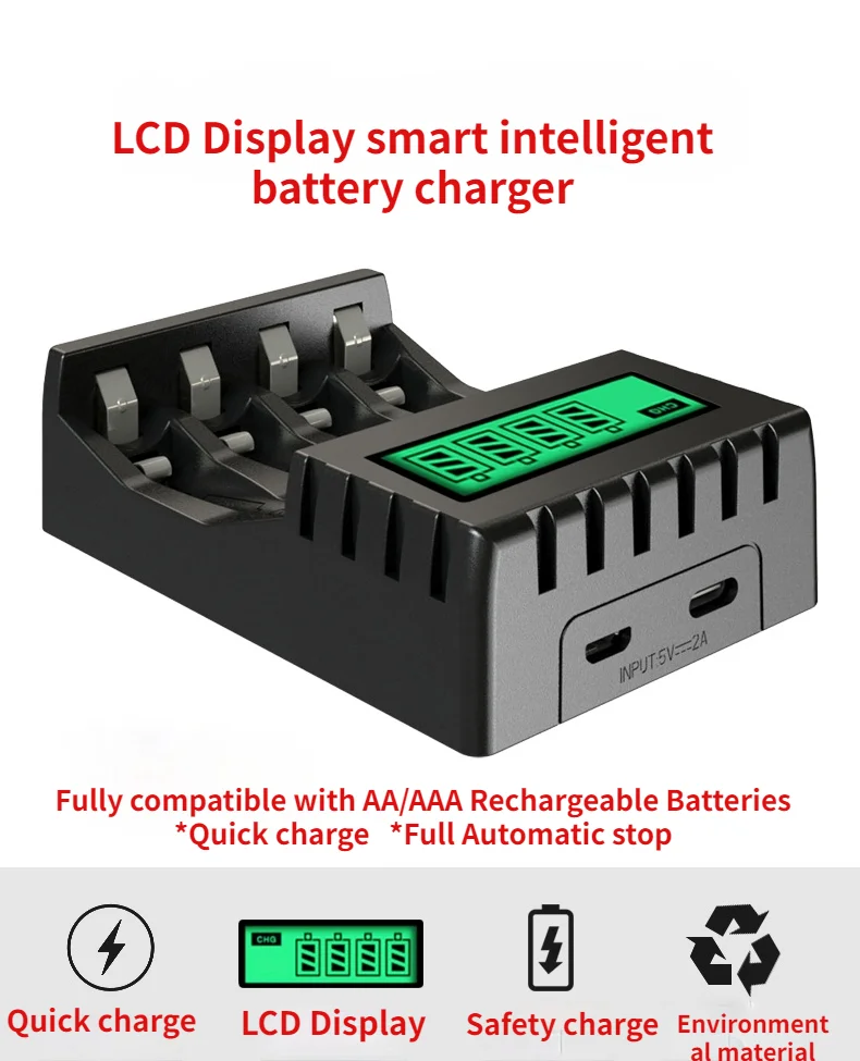 Ładowarka akumulatorów PUJIMAX z wyświetlaczem LCD 4 gniazda inteligentna o jasnym świetle jakość szybkie ładowanie do 1.2V AA/AAA NiCd NiMh