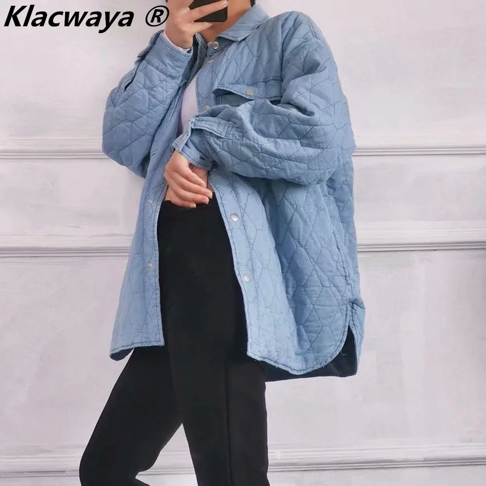 Klacwaya 2021 Vrouwen Effen Kleur Argyle Jas Vintage Kraag Snap Pocket Vrouwelijke Losse Streetwear Bovenkleding Chic Jacket