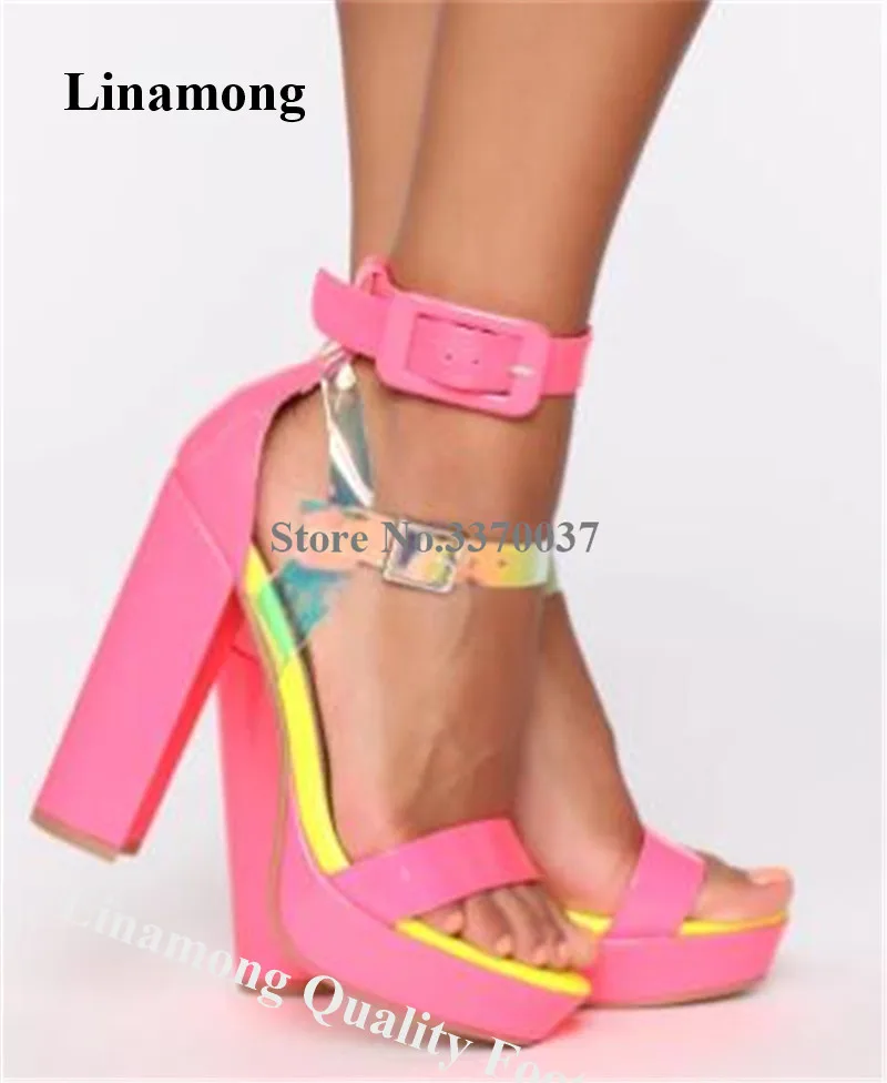 

Women Fashion Open Toe Rose Red High Platform Chunky Heel Sandals Ankle Straps Buckles Thick High Heel Sandals Dress Heels