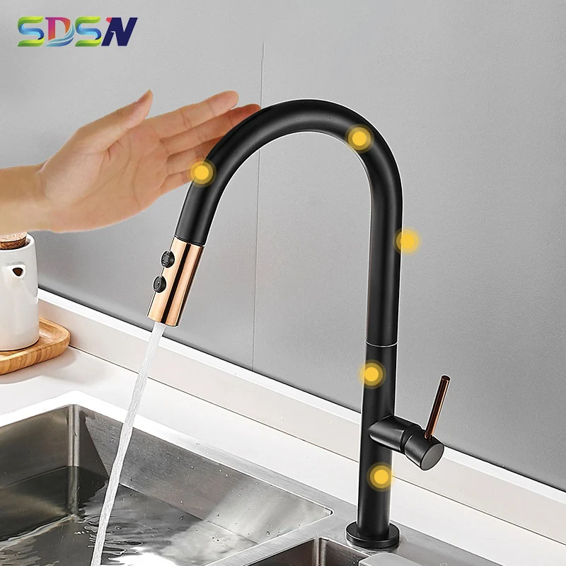 Touch Kitchen Faucets SDSN Black Gold Pull Out Kitchen Mixer Tap Smart Touch Kitchen Faucet Hot Cold Sensor Kitchen Faucets