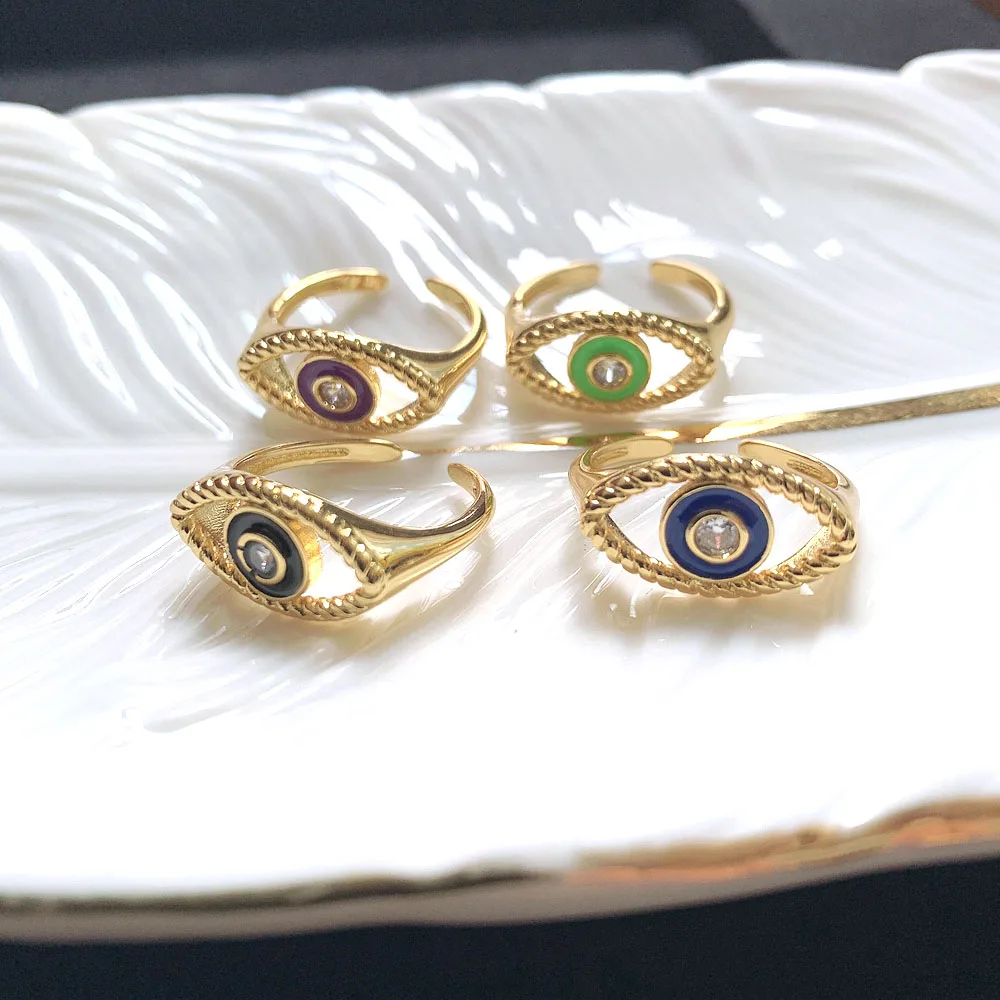10PCS, Dainty Gold-color Eye Rings For Woman Punk CZ Enamel Knuckle Finger Rings Resizable Eye Anillos Mujer NEW Jewelry