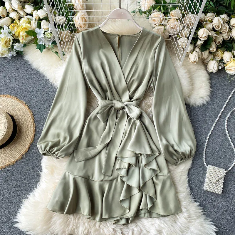 

Elegant Sexy V-Neck Ruffle Mini Dress Women 2021 Solid Button Street Wear Casual Dresses Ladies Slim Lace Up Waist Party Dress