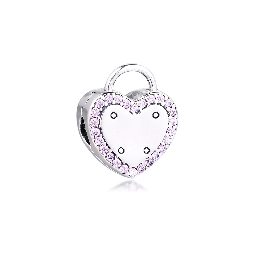 

925 Sterling Silver Jewelry Lock Your Promise Clip Charm Fancy Fuchsia Pink CZ Fits Brand DIY Original Bracelet For Women Gift