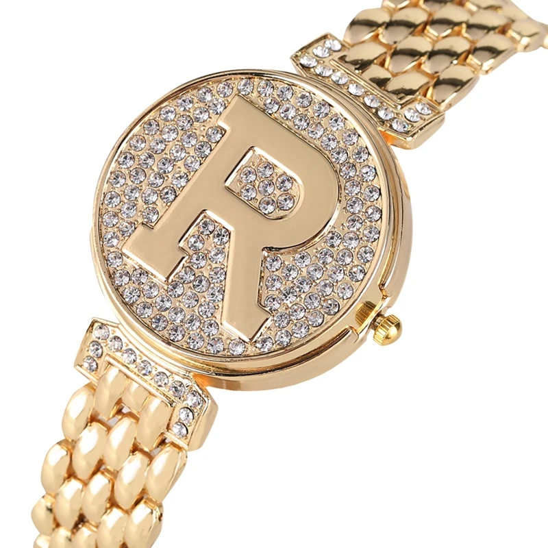 Reloj de cuarzo con tapa única de cristal para mujer, cronógrafo de pulsera informal ostentoso con letras R, Diamante dorado