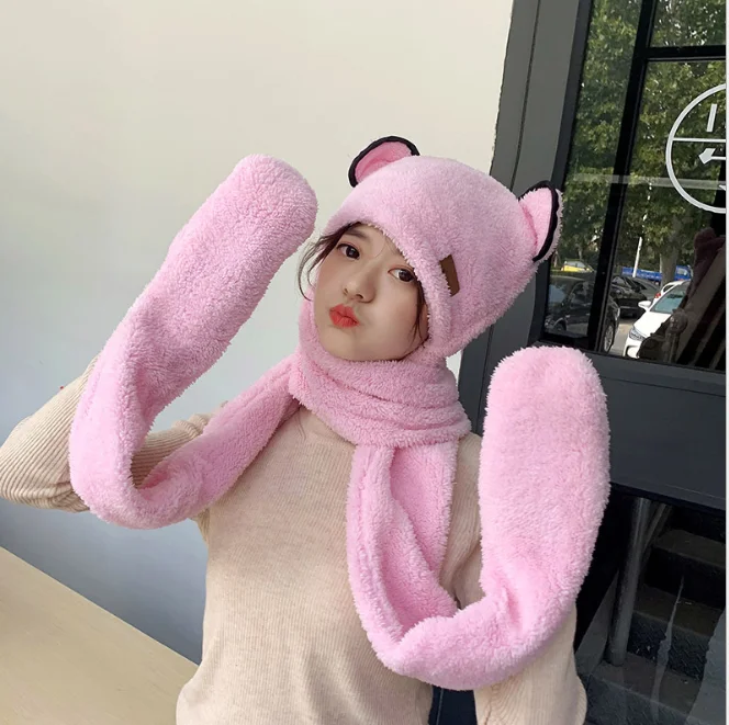 Warm Adult Bear Cute Warm Autumn Winter Plush Hat Scarf Gloves One Three Piece Set Girl Fashion Coral Velvet Grey