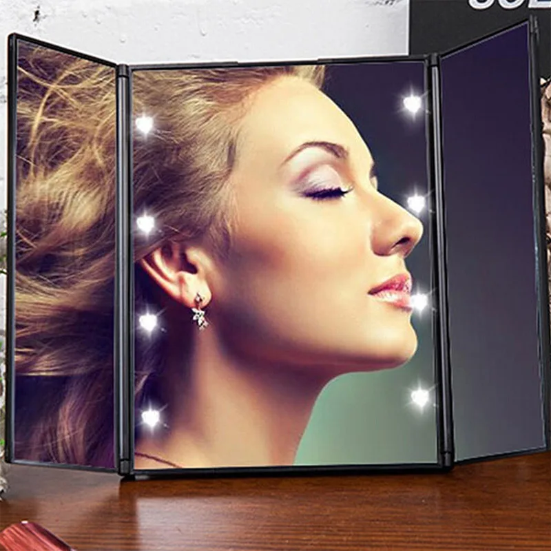 Espejo de maquillaje de tres pliegues con luz LED, espejos de bolsillo compactos de viaje portátiles, espejo cosmético plegable de viaje, espejo