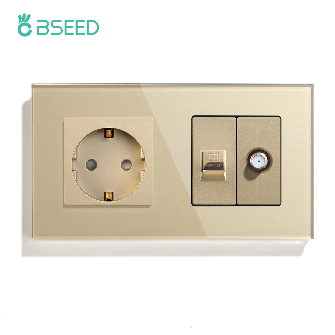 BSEED EU Standard Wall Socket With PC ST Socket Crystal Glass Panel White Black Golden CAT5 Internet Satellite Power Sockets