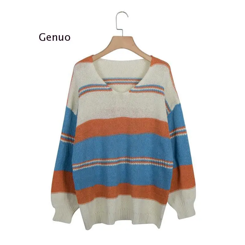 Sexy Winter Women V-Neck Long Sleeve Striped Color Block Knitted Pullover Sweaters Neck Patchwork Casual Loose Tops