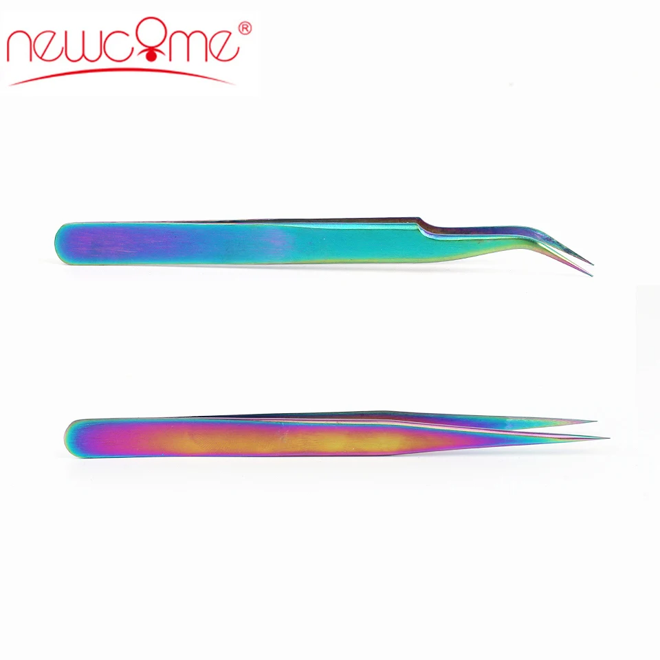 NEWCOME Color Tweezers Eye Lashes Stainless Steel Ultra Fine Tip Improve for 3D Volume Eyelashes Eyebrow Tweezers Makeup Tools