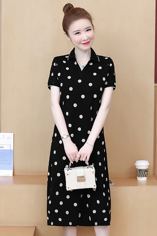 Oneimirry Vintage Polka Dot Woman Dress Print Cotton Polo Collar Long Dresses Female Casual Black Clothes Summer 2022