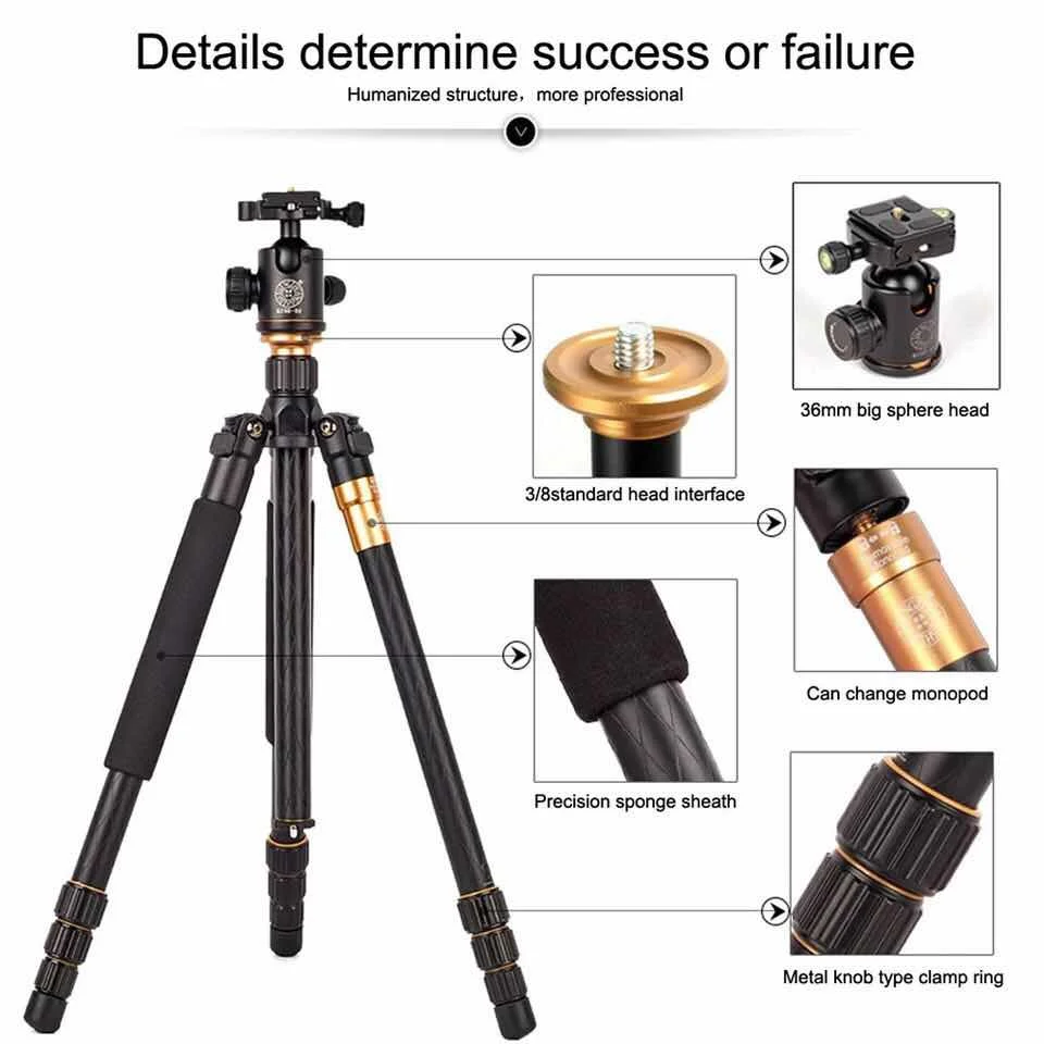 QZSD Q999 Professional Tripod Portable Monopod Detachable Ball Head Magnesium Aluminium Alloy Photographic For DSLR Camera