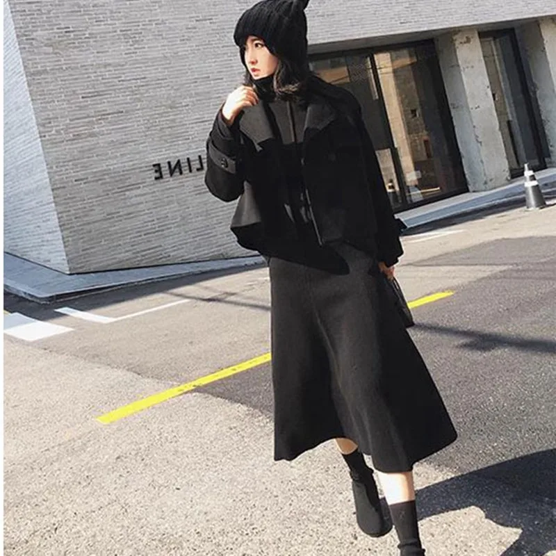 2024 New Soft Elasticity Long Skirt Polyester Knit A Word Skirt Female Section High Waist solid Color Loose Umbrella Skirt