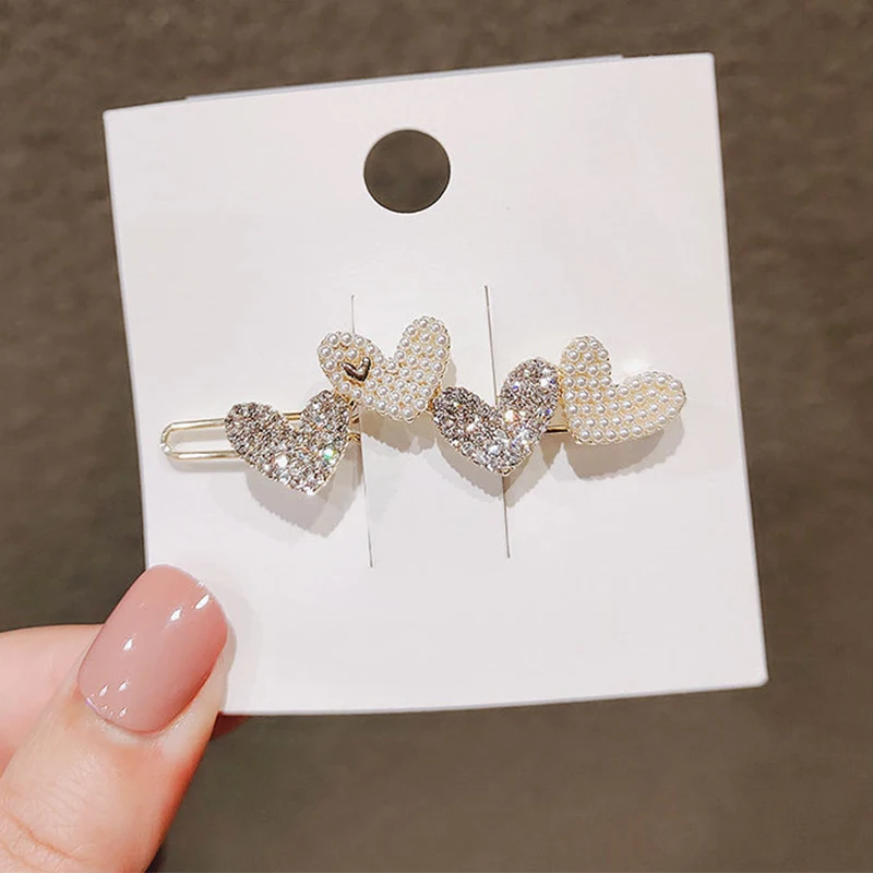 1Pc Fashion Crystal Rhinestones Hairpin Heart Love Shape Women Hair Clips Pearl Barrettes Hair Styling Accessories