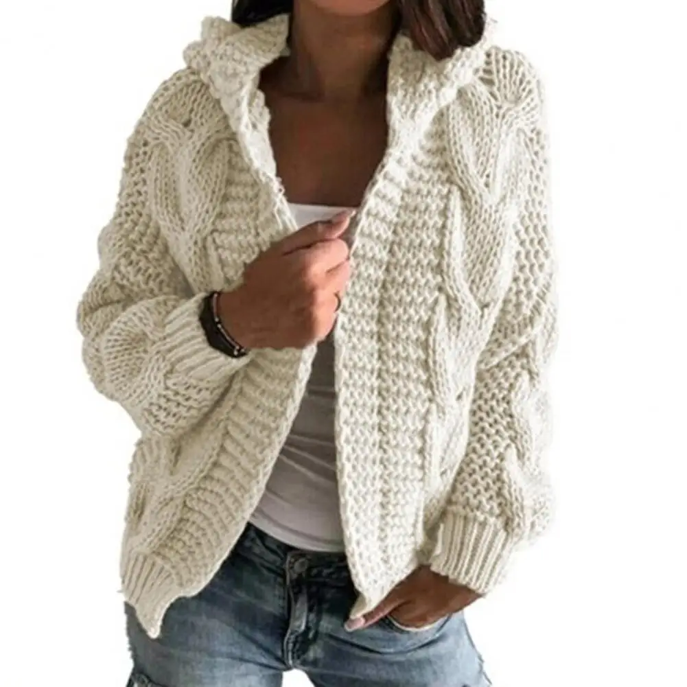 Loose Knitted Coat Long Sleeve V Neck Solid Color Twist Hooded Knitwear Cardigan for Office