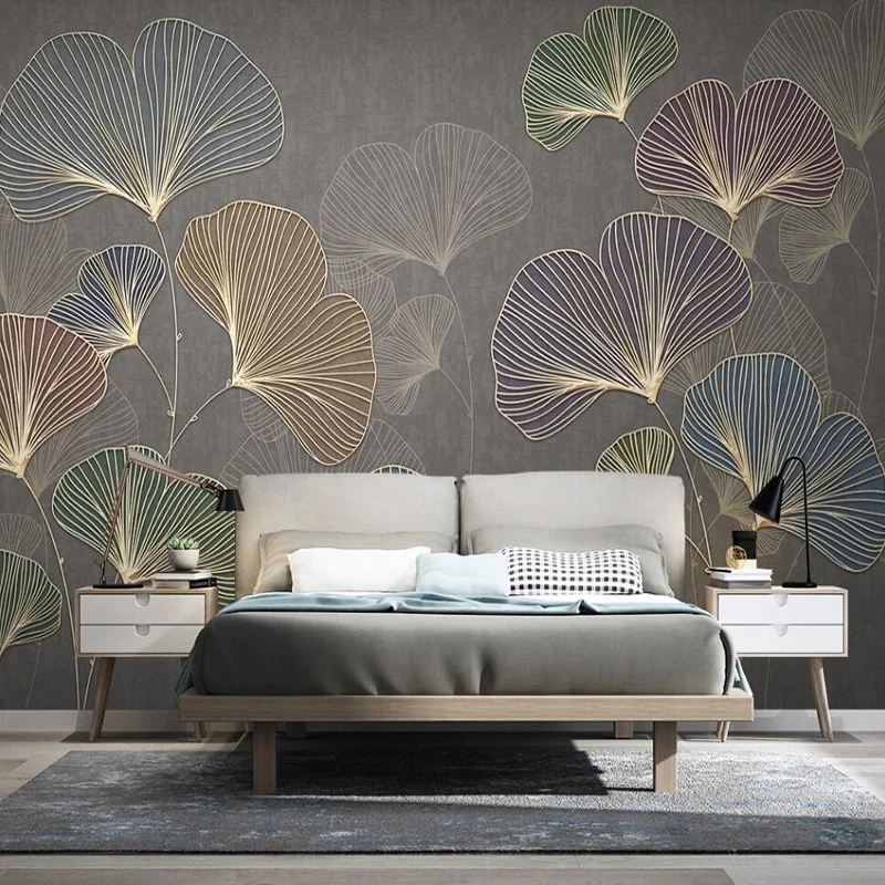 Custom Any Size Mural Wallpaper Modern Minimalist Light Luxury 3D Lines Embossed Ginkgo Leaves Fresco Decor Papel De Parede 3 D