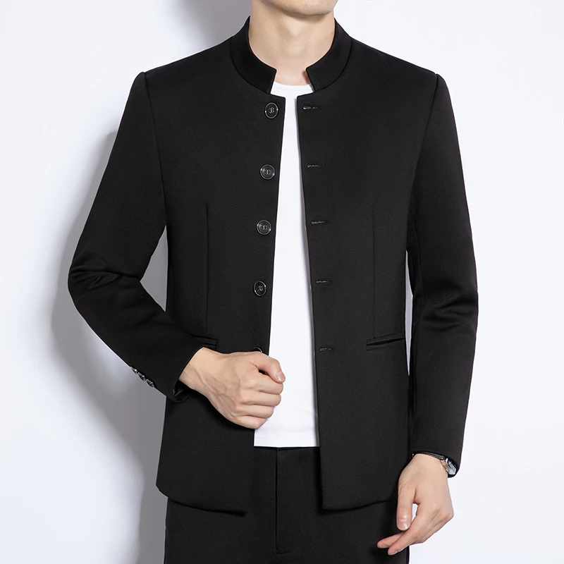 Stylish Clothing Mens Black Mandarin Collar Blazer Jackets For Mens Big Size Zhongshan Suits Chinese Fashion Big Size Husband