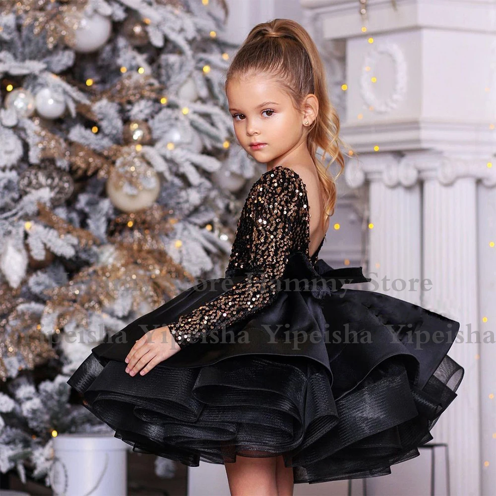 Gold Sequin Flower Girl Dress Long Sleeves Backless Scoop Neck Ruffles Tiered Girl's Black Party Gown Christmas Pageant Dresses