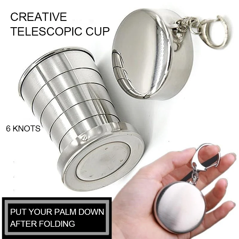 Stainless Steel Folding Cup Travel Tool Survival Kit Camping Water Drink Cup Retractable Cups 75ml/150ml/250ml With Lid&Keychain