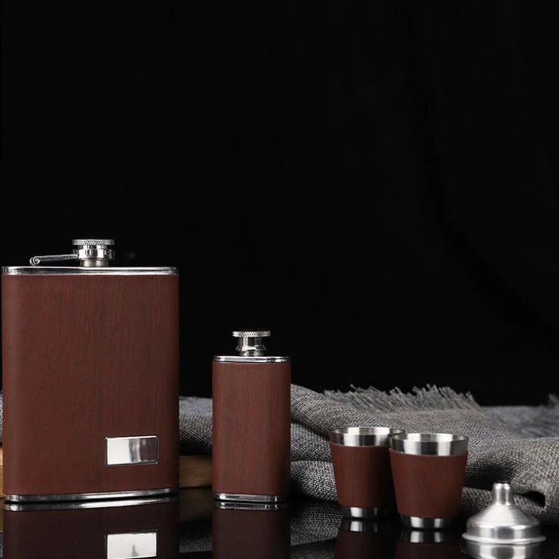 Wood Grain Pattern 9 OZ Hip Flask Set Two Flask Whiskey Wine Stainless Steel Alcohol Flagon Bottle Travel Drinkware For Gifts