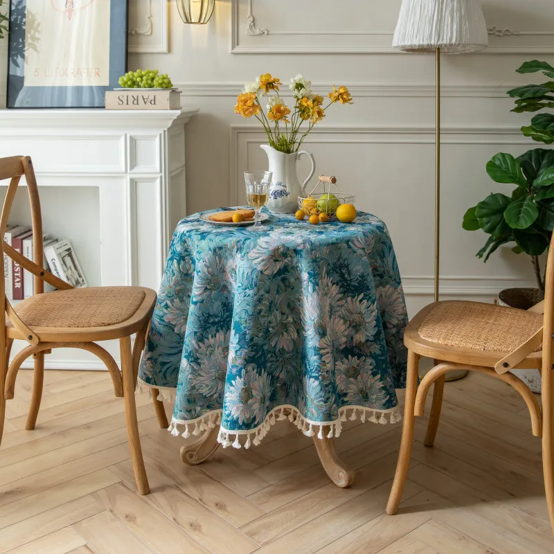 American Retro Tablecloth Home Hotel Oil Painting Style Printed Thick Tablecloth Round Rectangular Blue Flower Cover Towel