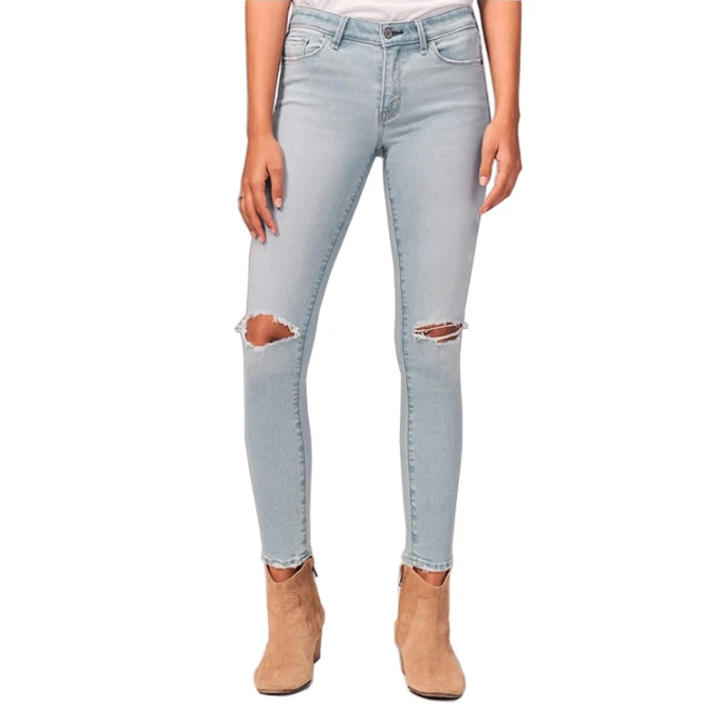 

Middle Waist Light Blue Ripped Women Jeans Fashion Casual Skinny Stretch Denim Pants