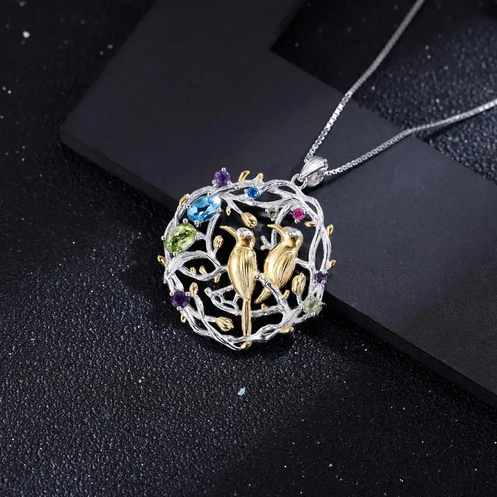 GEM'S BALLET 925 Sterling Silver Handmade Bird Branches Busy Garden Natural Multicolor Topaz Gemstones Women's Pendant Necklace