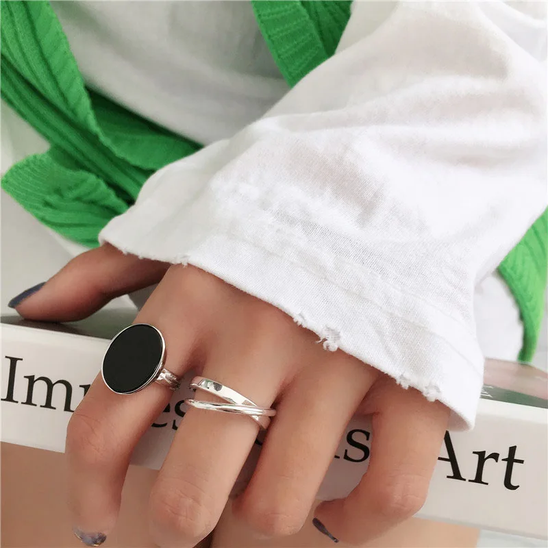 LIVVY Minimalist Fashion Oval Shaped Black Drop Glaze Silver Color Open Ring double Temperament  Jewelry Gift For Woman