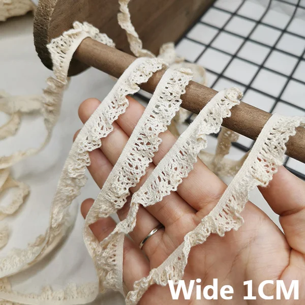 1CM Wide Beige Cotton Embroidered Stretch Lace Fabric Elastic Ruffle Trim Dresses Collar Cuffs Apparel Sewing Trimmings Decor