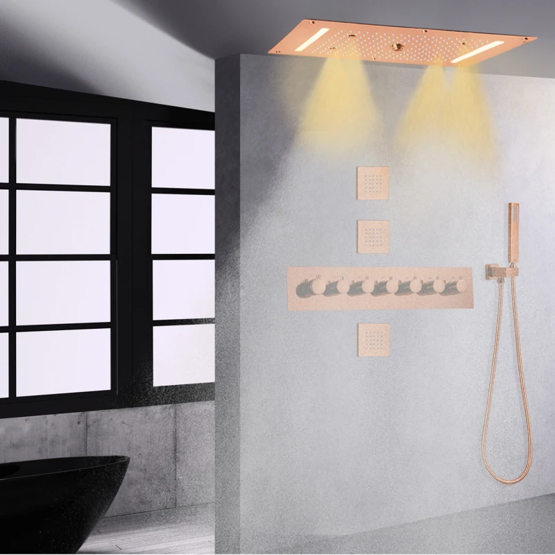 

Rose Gold Thermostatic Shower Faucets Set 700X380 MM LED Bathroom Mist Shower System