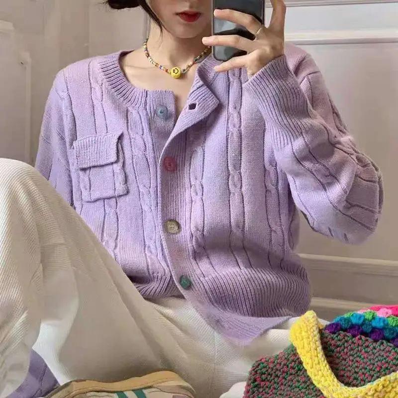 

2021 Spring And Autumn New Japanese Knit Cardigan Short Style Ma Hua Color Button Pocket Retro Sweater