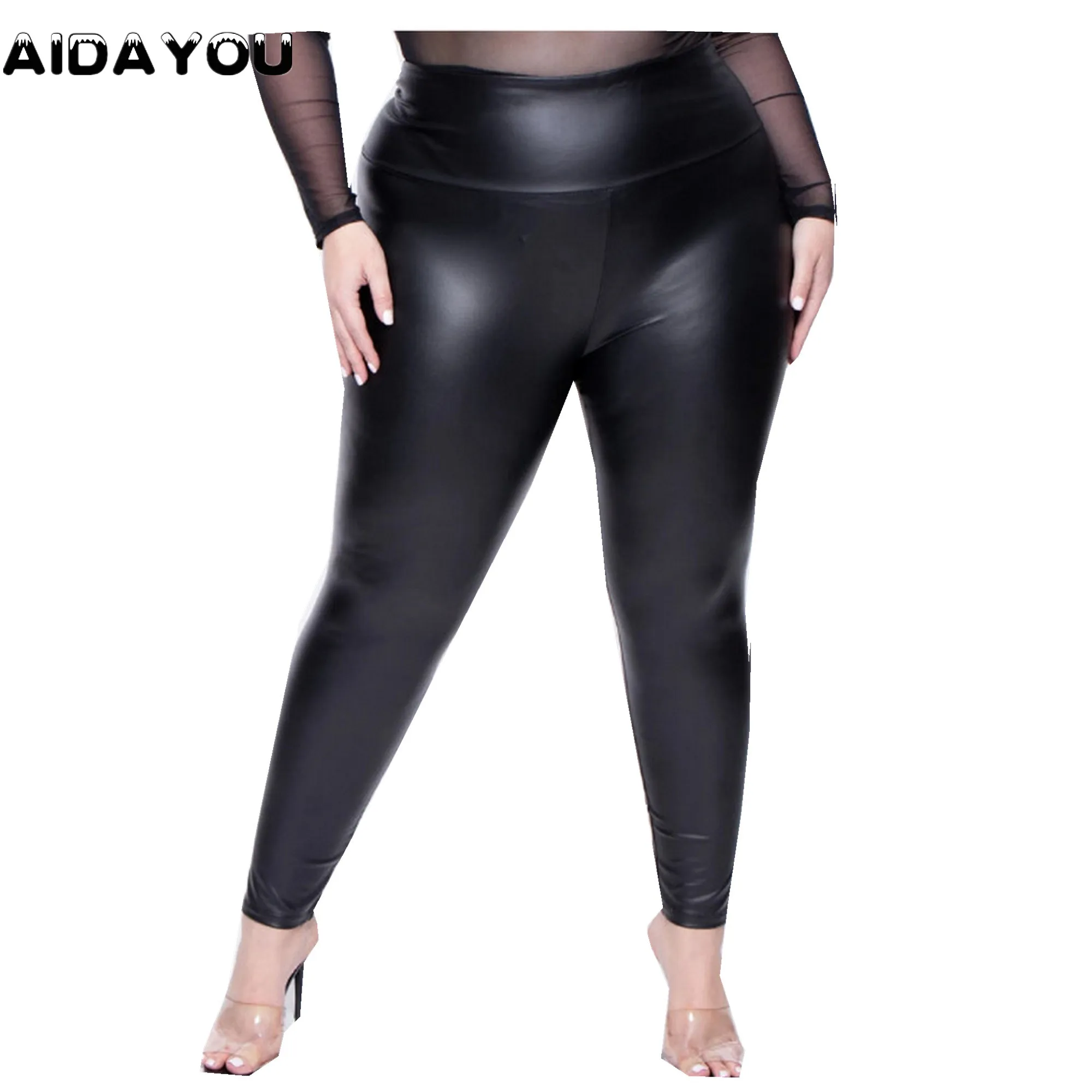 Spring Summer Faux Leather Leggings Plus Size Super Stretchy Spandex Clothing PU Leather Pant Tummy Control Oversized Pants