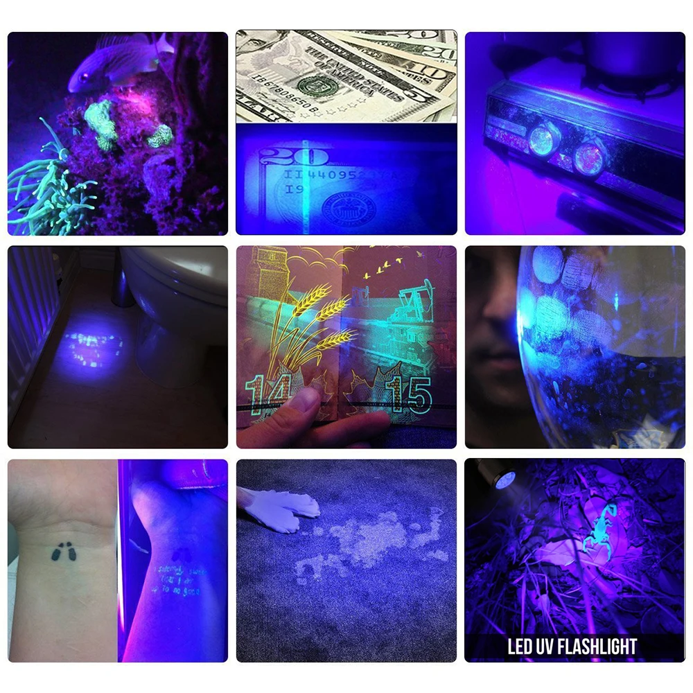 UV Torch 9 LED 395nm Ultraviolet Ultra Violet LED Flashlight Ultra Violet Invisible Ink Marker Detection Light 3AAA UV Lamp