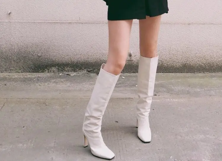 Woman Black Burgundy White Brown Leather 9 cm Square Heels Knee High Boots Square Toe Slip On Tube Long High Top Boots Shoes