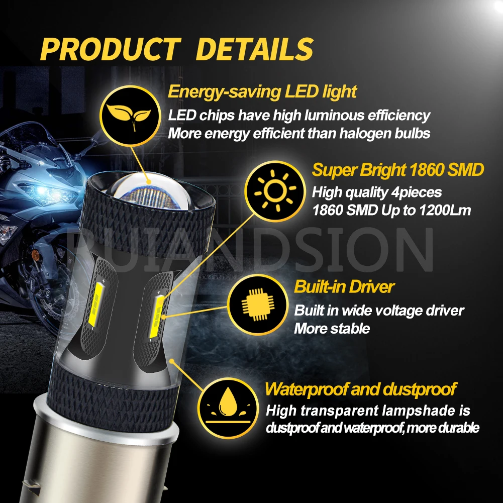 RUIANDSION 1Pcs BA20d Motorcycle Headlight H6 Moped H6M P15D-25-1 Forklift Light LED 1200Lm 10V-32V 12V 24V 6000K 2700K 1860SMD