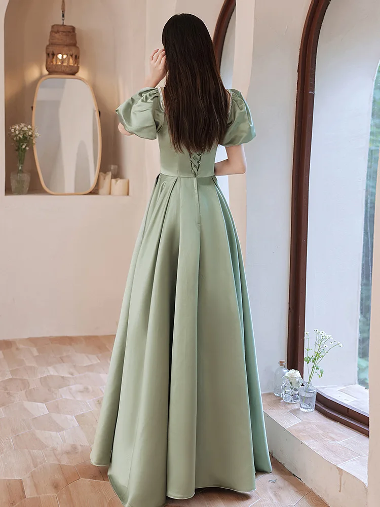 Elegant พัฟแขนชุดราตรีสำหรับผู้หญิงสีทึบ Patchwork สแควร์คอ A-Line Lace Up Slim ชุดวันเกิด Party Gowns