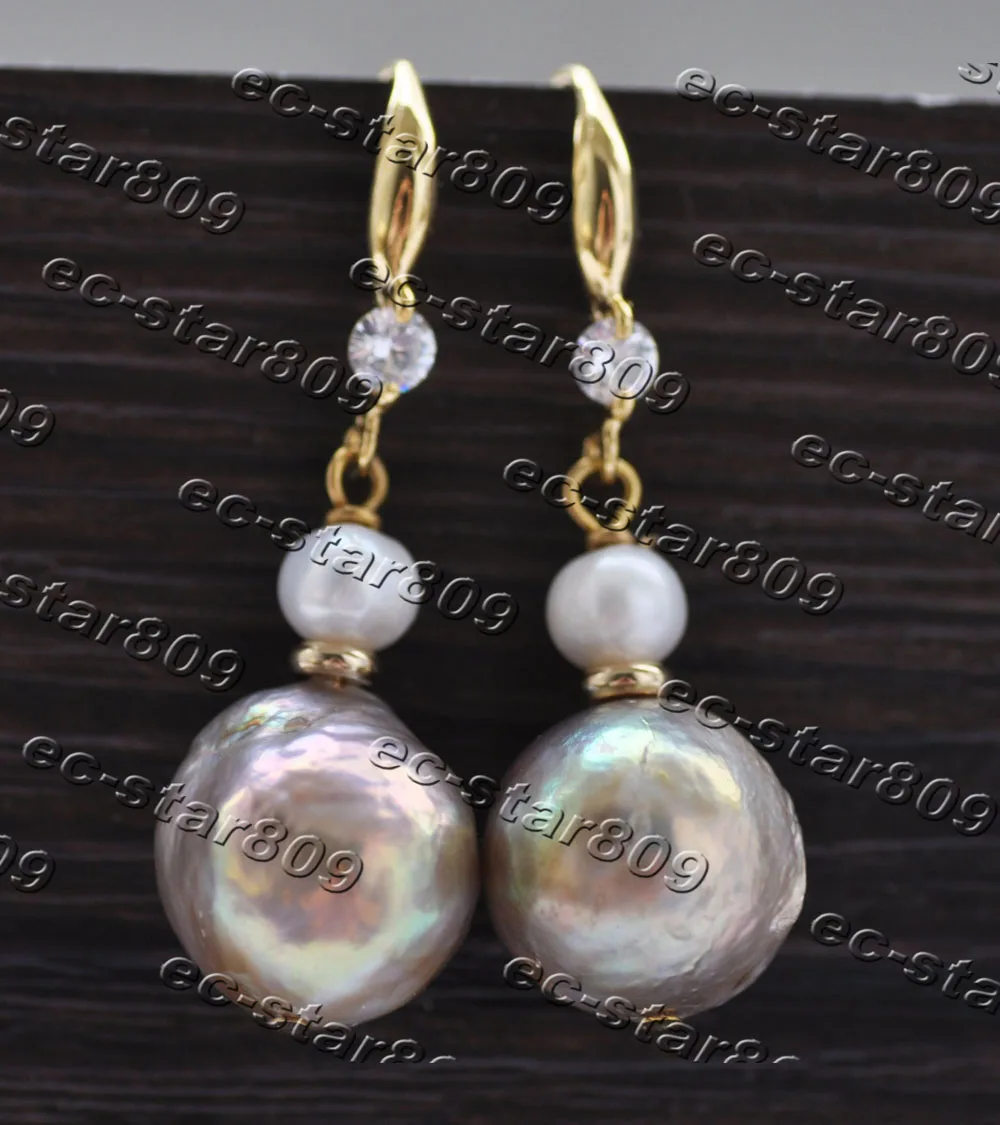 Z11181 15mm Gold-Lavender White Almost Round Edison Keshi Pearl Dangle Earring CZ Fine Women Fine Jewelry