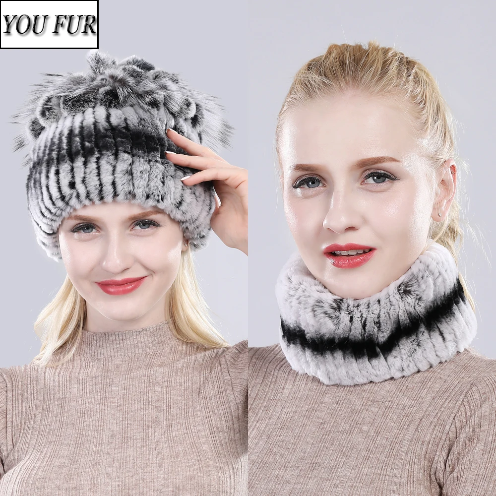 

Hot Sale Winter Knit 100% Natural Fur Hats Scarves Sets Women Warm Real Rex Rabbit Fur Hat Scarf Lady Fashiom Rex Rabbit Fur Hat