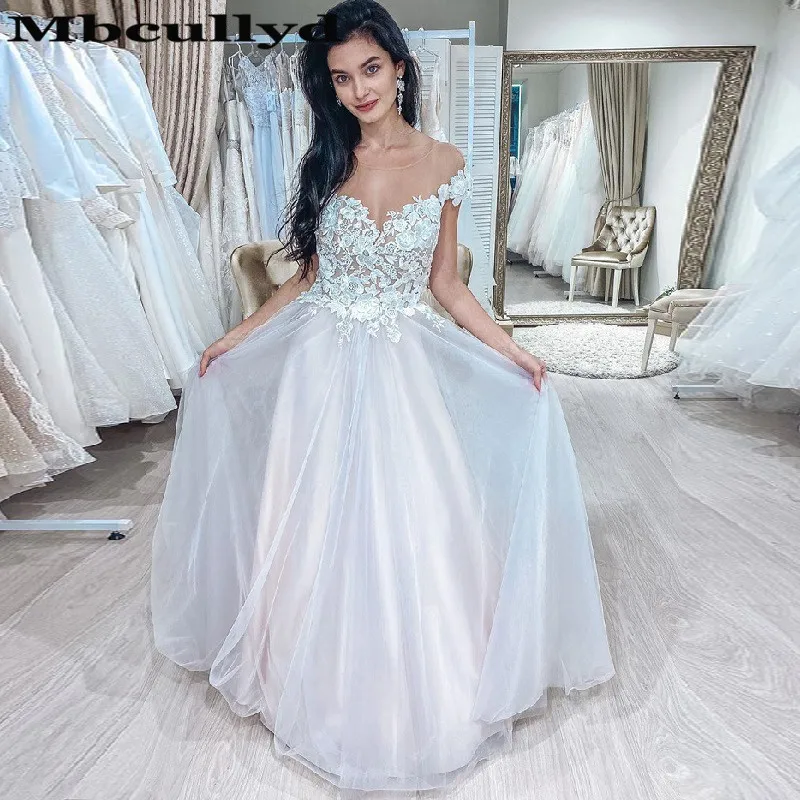 Mbcullyd Sheer Scoop Neck Wedding Dresses Long 2023 Lovely Applique Lace A-line Tulle Bridal Gowns Bohemian vestido de noiva