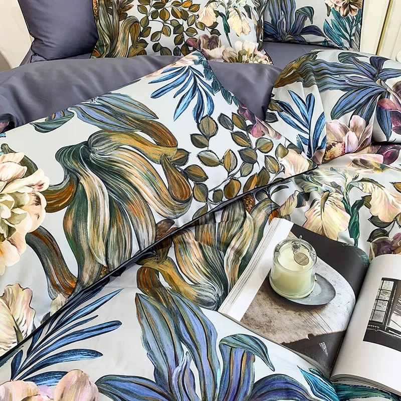 Tropical Leaves Flowers Duvet cover set Silky Soft 100%Egyptian Cotton Bedding set Queen King Bed sheet Quilt Cover Pillowcases